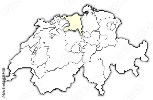 Political map of Swizerland with the several cantons where Aargau is highlighted.