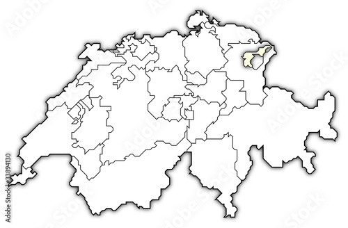 Political map of Swizerland with the several cantons where Appenzell Ausserrhoden is highlighted.
