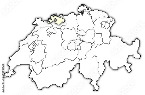 Political map of Swizerland with the several cantons where Basel-Landschaft is highlighted.