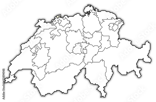 Political map of Swizerland with the several cantons where Basel-Stadt is highlighted.