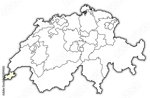 Political map of Swizerland with the several cantons where Geneva is highlighted.