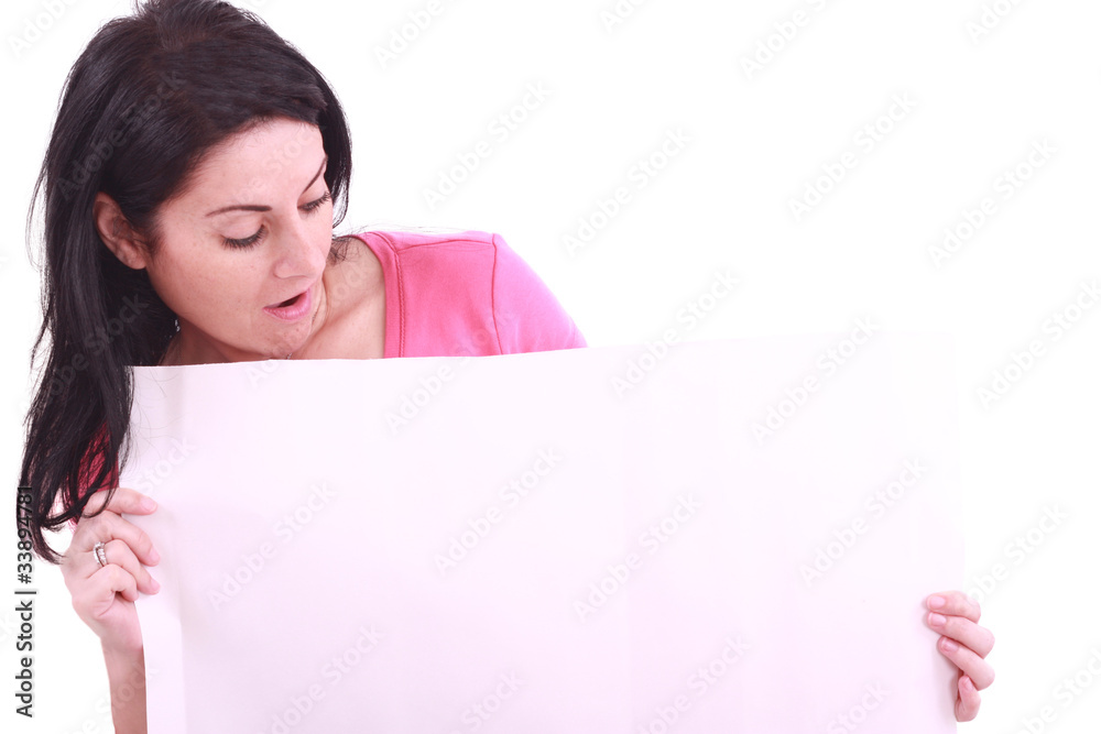 Blank sign. Surprised young female looking at white billboard . Blank sign. Surprised young female looking at white billboard .