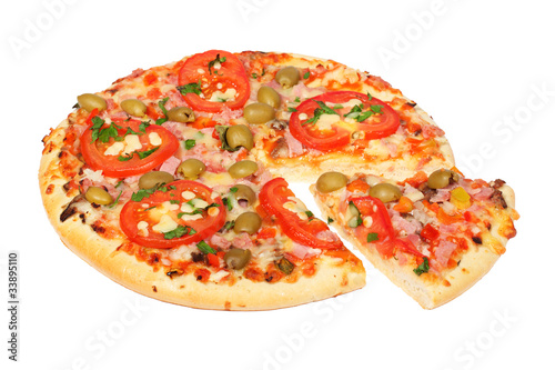 Fresh pizza with slice on a white background