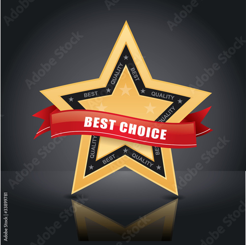 Best choice, vector gold star emblem with red label
