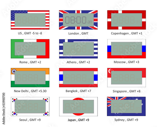 Vector illustration of different time zone digital watch 01