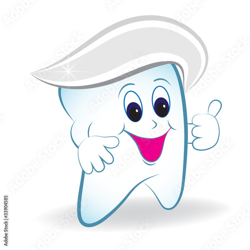 Cartoon tooth with thumb and toothpaste.