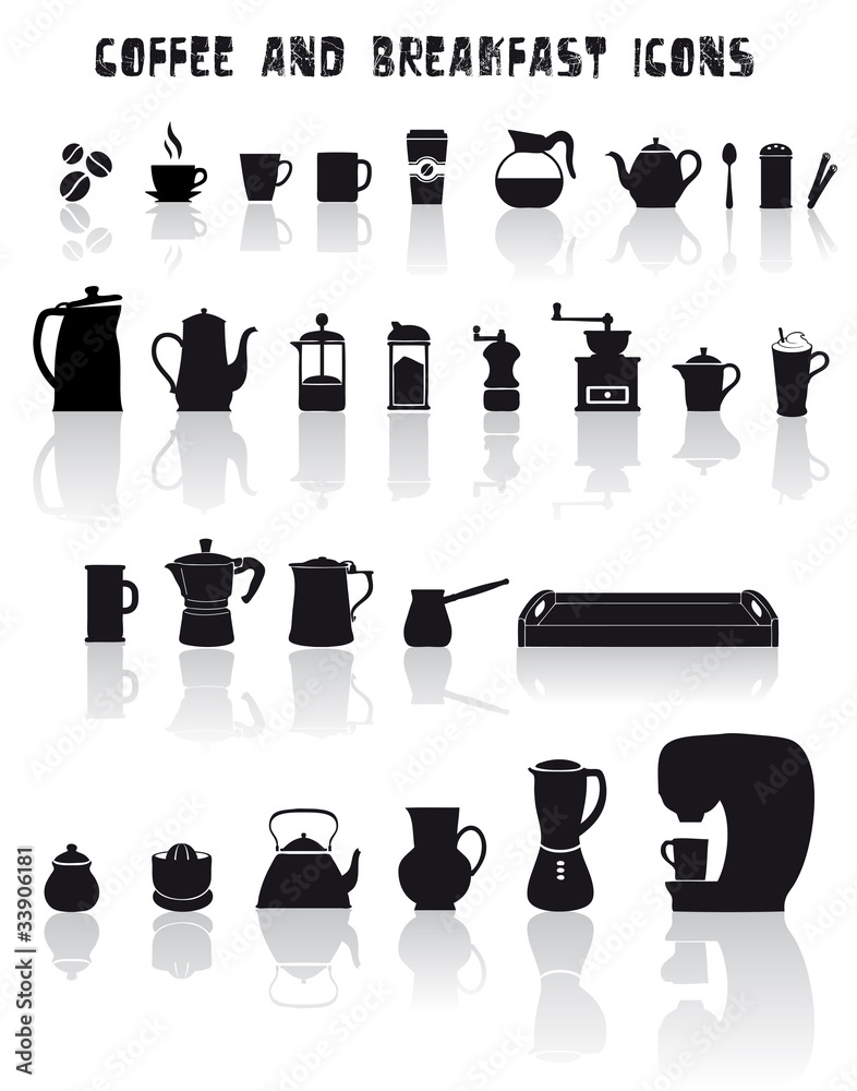 Obraz premium set di icone per la colazione, tazze e attrezzi per tè e caffé