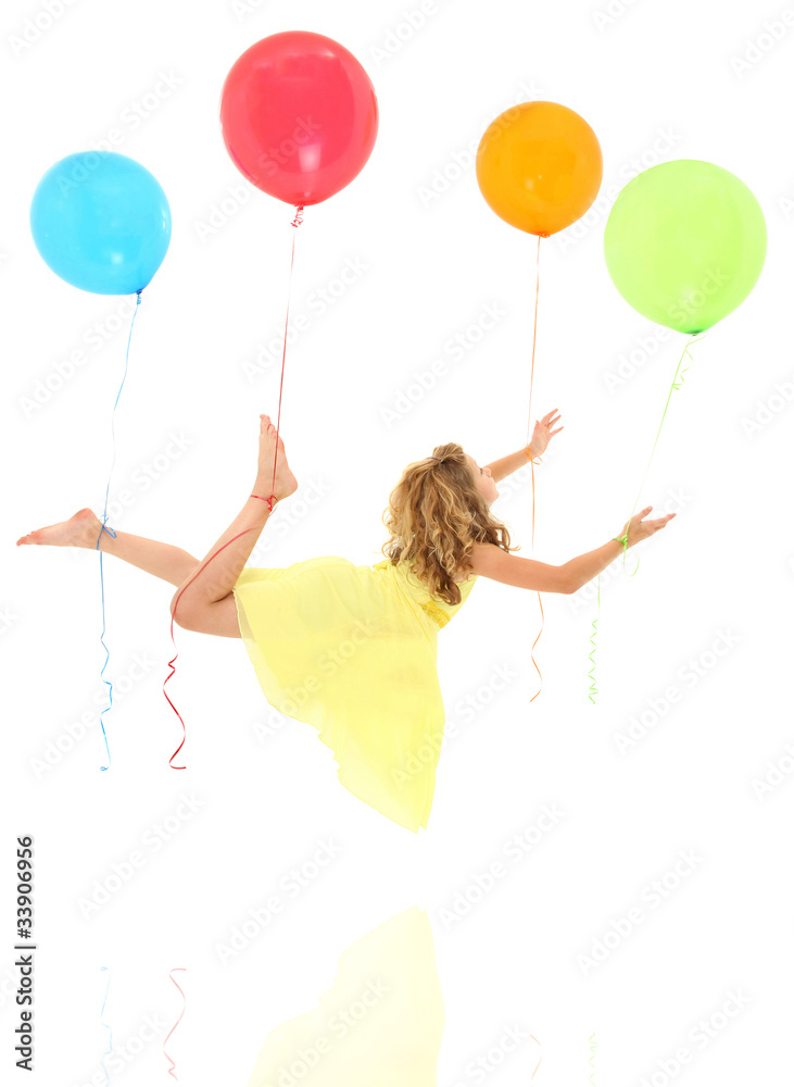 Girl Child Floating Away with Balloons Clipping Path Stock Photo
