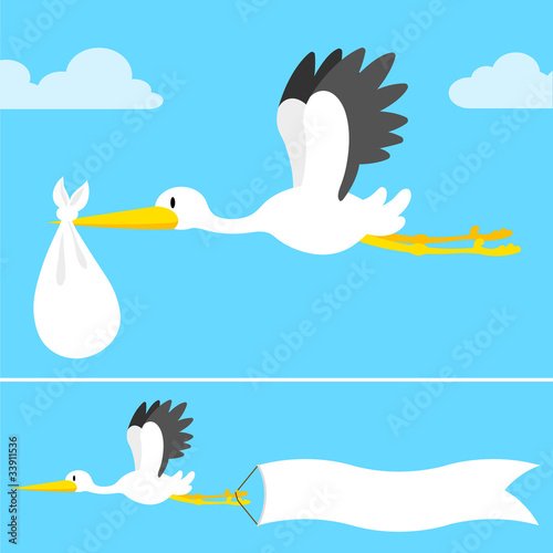 cartoon stork flying with banner and bundle