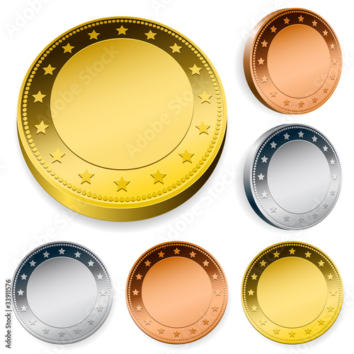 blank shiny token coins set with copyspace