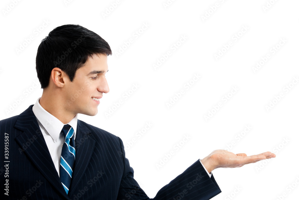 Photo of showing businessman, isolated on white Photo of showing businessman, isolated on white