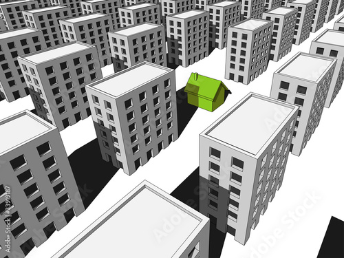 green „ecological“ house surrounded by many blocks of flats