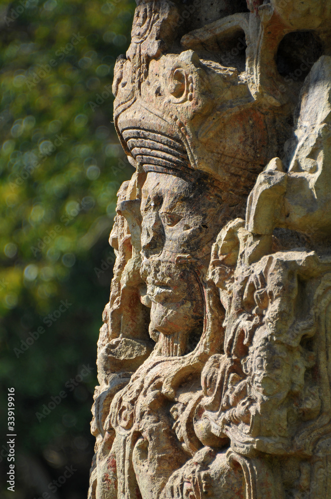 Sculptures in Archeological park in Copan ruinas