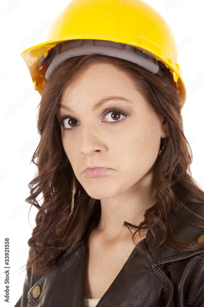 woman construction hat sad woman construction hat sad