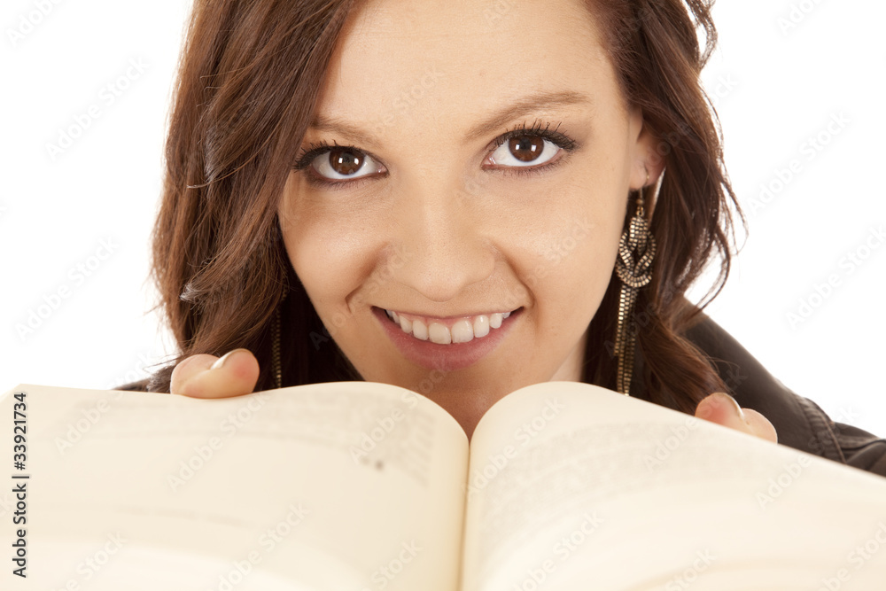 Plakat woman book close to face smiling
