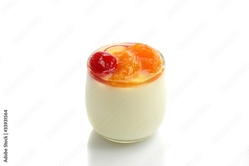 Fruit dessert with cherry and orange isolated in white backgroun Fruit dessert with cherry and orange isolated in white backgroun