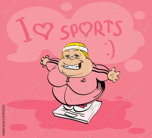 Sports, sports clothes and fat aunt. Vector illustration.