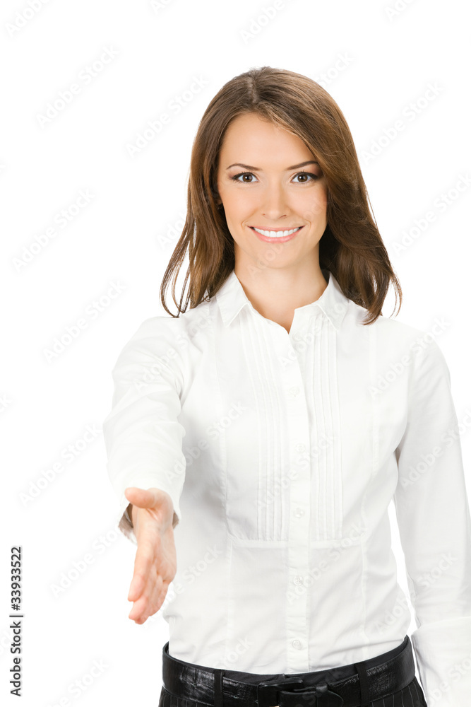 Business woman giving hand for handshake, isolated on white Business woman giving hand for handshake, isolated on white