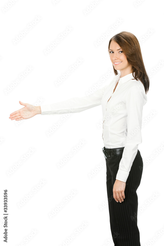 Business woman giving hand for handshake, isolated on white Business woman giving hand for handshake, isolated on white
