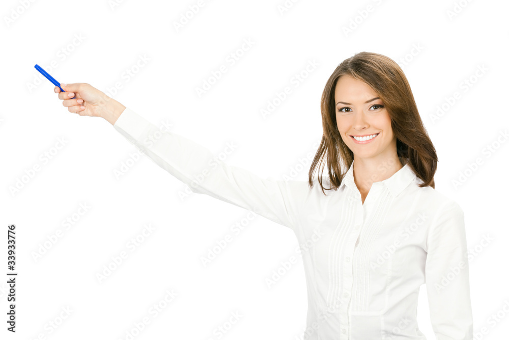 Business woman showing something, isolated on white Business woman showing something, isolated on white