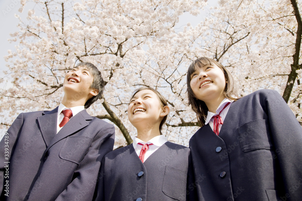 桜の下で笑っている中学生男女