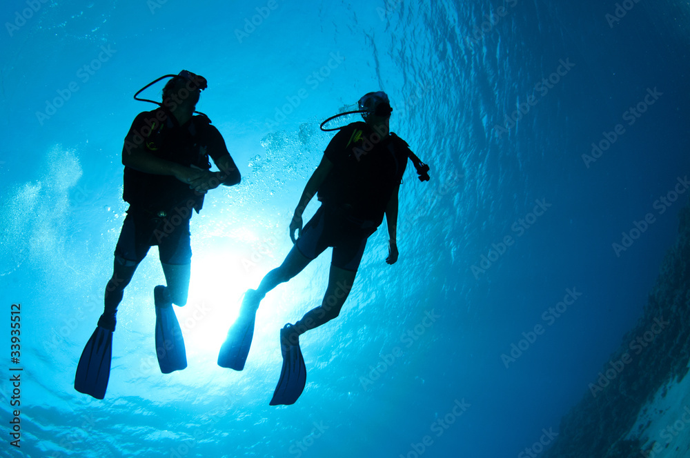 silouetted scuba divers on coral reef