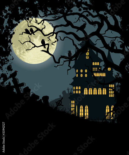 Halloween background with haunted house and cemetery