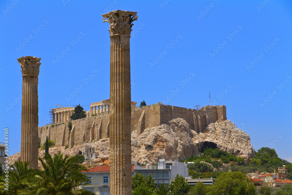 acropolis view from  Temple of Olympian Zeus in Athens Greece