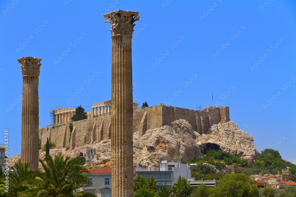 acropolis view from Temple of Olympian Zeus in Athens Greece acropolis view from Temple of Olympian Zeus in Athens Greece