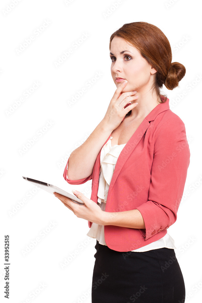 nachdenkliche junge Frau mit Tablet Computer nachdenkliche junge Frau mit Tablet Computer