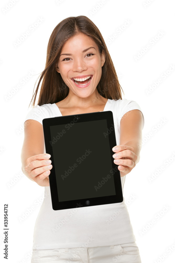 Woman showing tablet pc touchpad screen Woman showing tablet pc touchpad screen