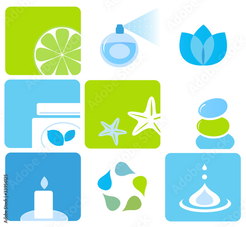 Natural cosmetics and spa icons and elements - blue, green