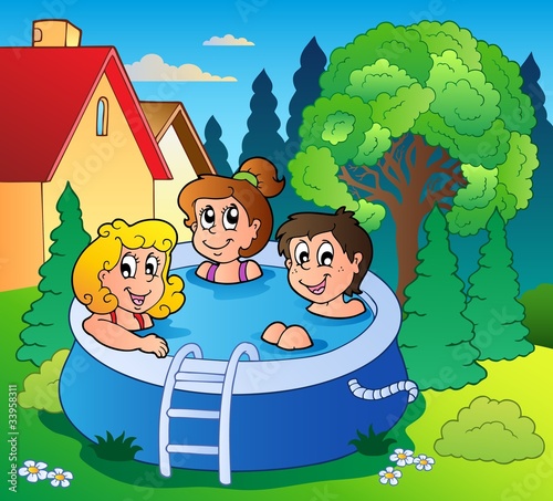 Garden with three kids in pool