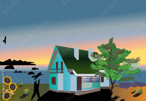 cottage on sea coast illustration