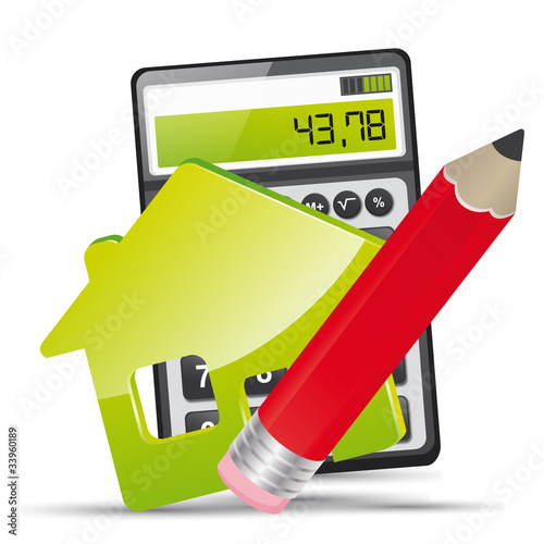 vecteur, maison, calculette et crayon papier