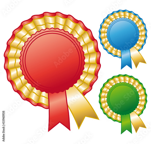 Colorful and golden rosette ribbons.