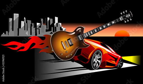 Rock, guitar and red car