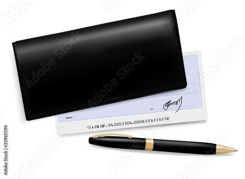 Black checkbook with check and pen. Vector illustration.