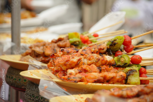 Photography Thai cuisine barbecue chicken and pork skewers
