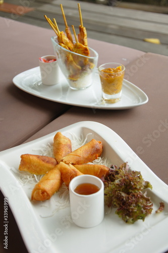 Spring rolls and chicken satay plates