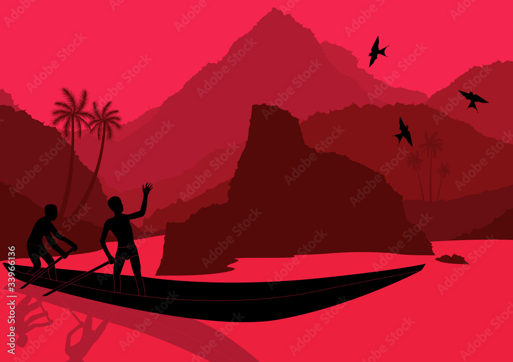 Fisherman's in wild nature landscape illustration