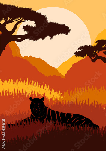 Tiger in wild nature landscape illustration