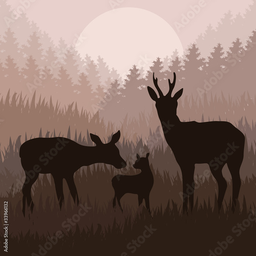 Doe family in wild nature landscape illustration