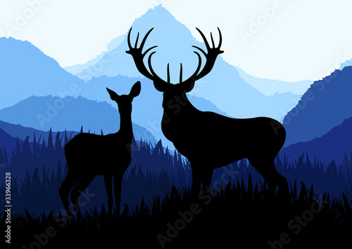 Rain deer family in wild nature