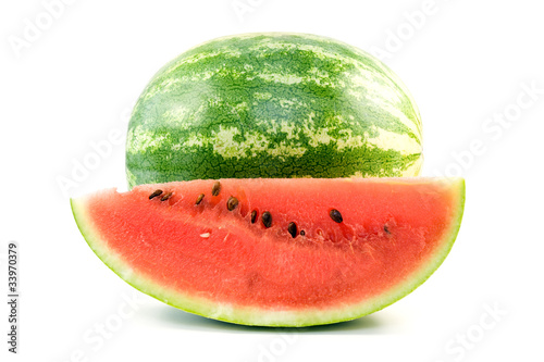 freshly cut watermelon over a white background .