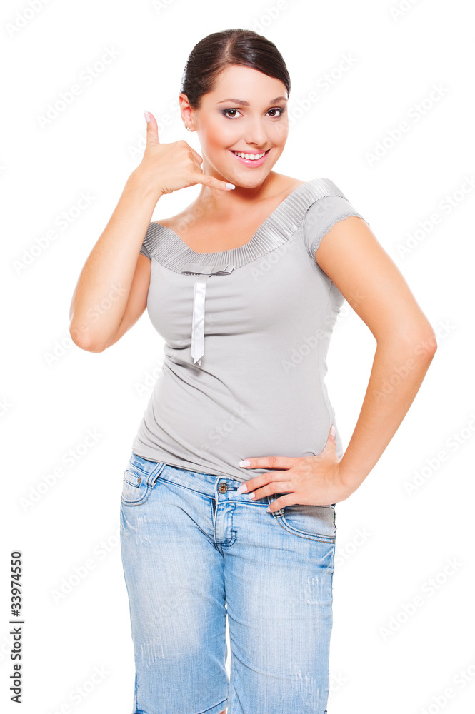 smiley woman making call me gesture