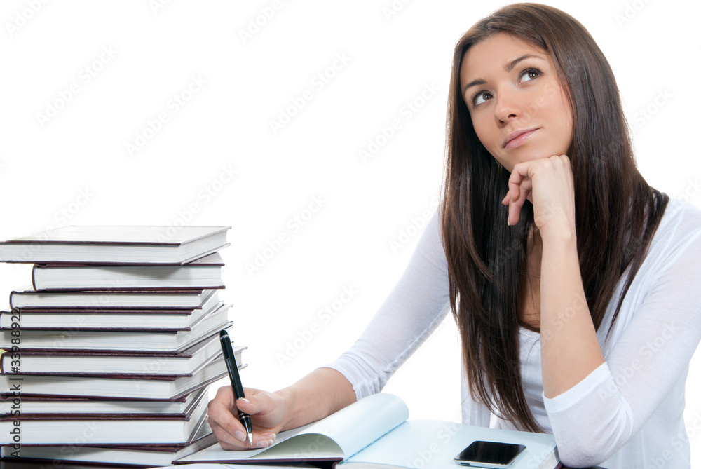 businesswoman thinking, looking up with laptop on the table and businesswoman thinking, looking up with laptop on the table and