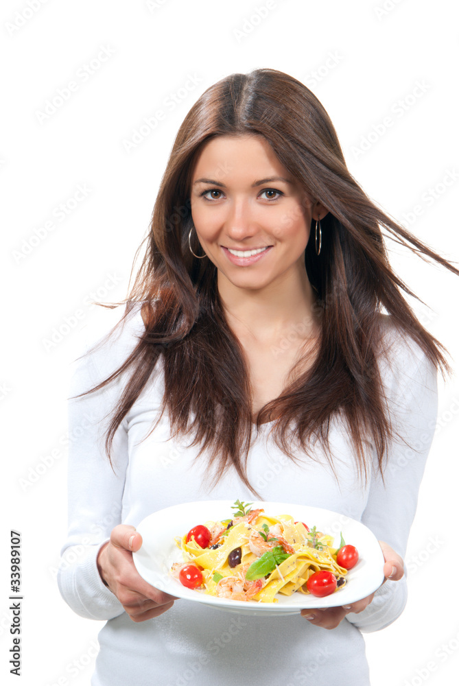 Waitress, chef holding plate with italian pasta Waitress, chef holding plate with italian pasta