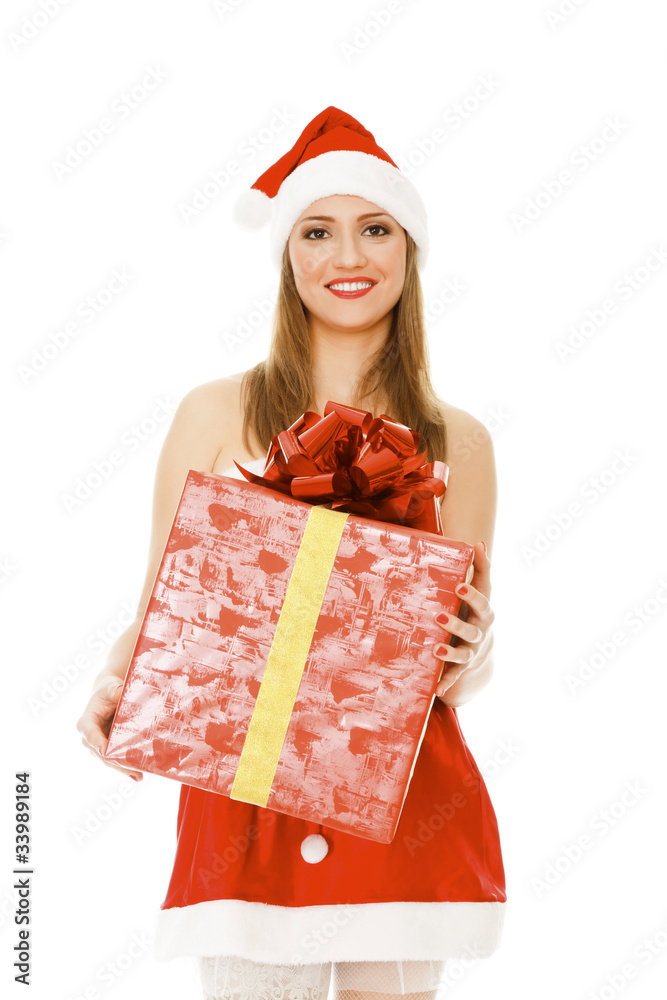 Cheerful santa helper girl with gift box