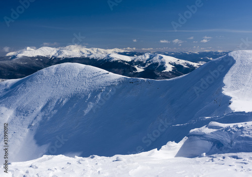 View from the top of the snow-capped mountain range.